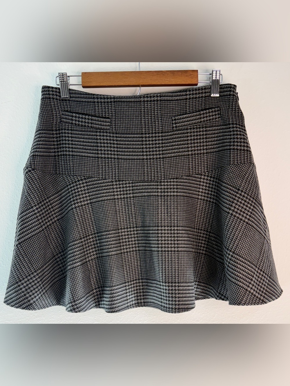 LOFT Gray Plaid Houndstooth Flounce Mini Skirt Glen Check Career Office Preppy 6